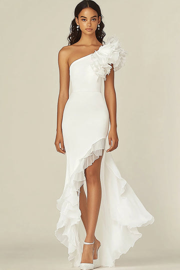 One Shoulder White Sheath Graduation Dress with Ruffles